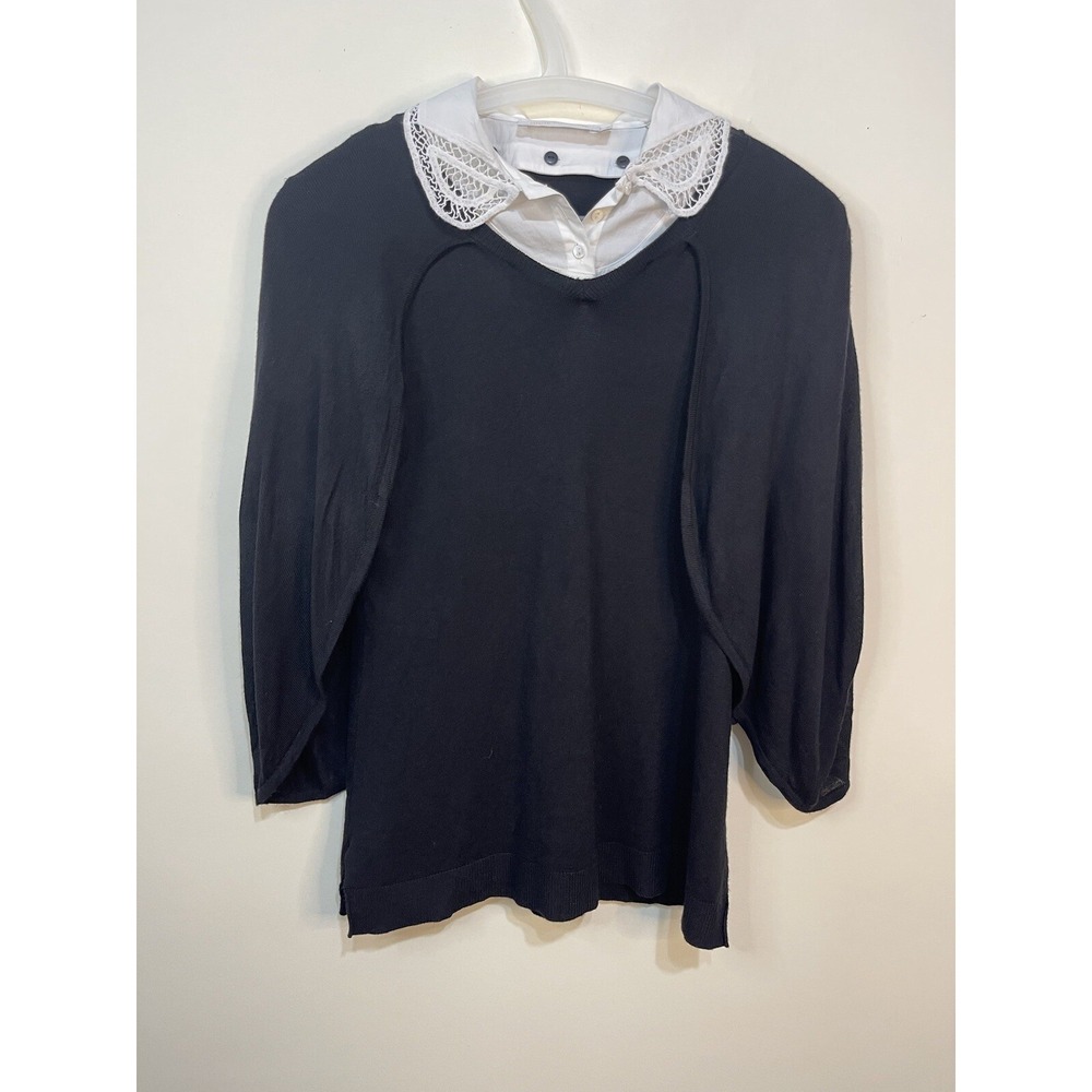 Anne Fontaine Size 40 M Black Sweater Cape White Crochet Removable Collar FLAW